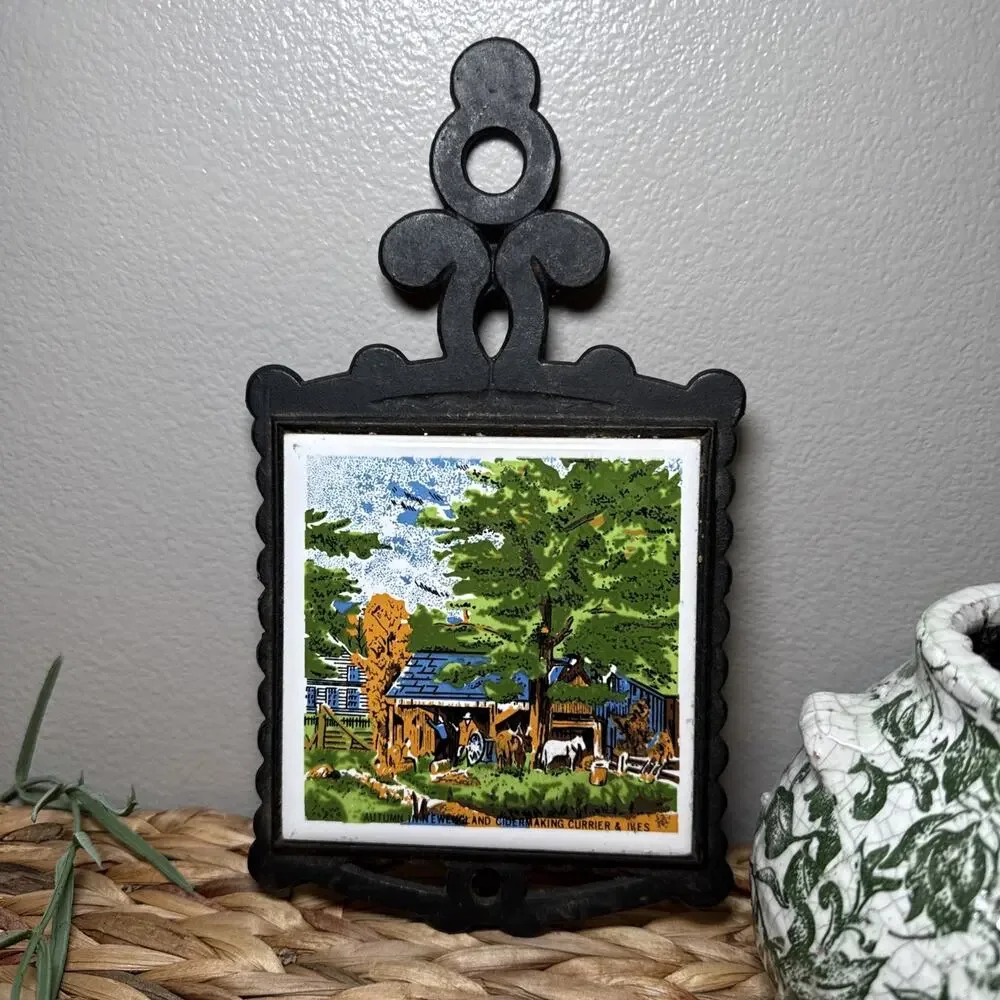 Currier & Ives Autumn in New England Cider Making Tile Trivet Shunlong Taiwan